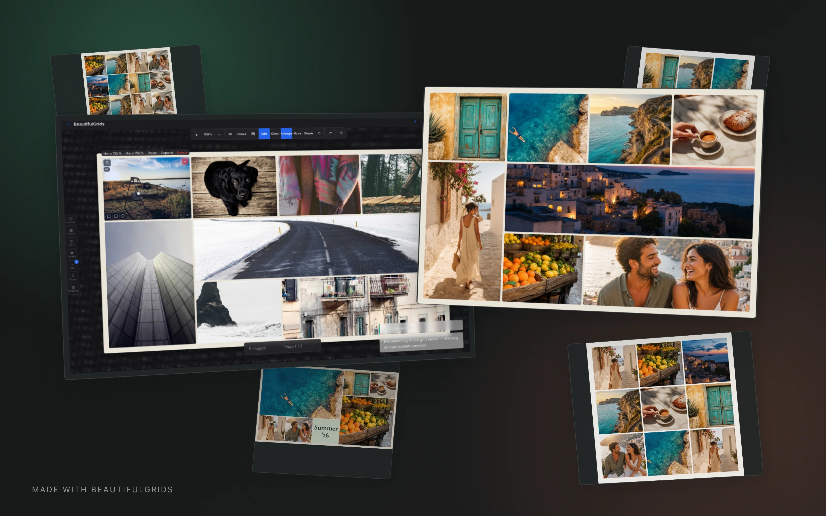 Desktop BeautifulGrids editor next to a finished travel collage in dark mode
