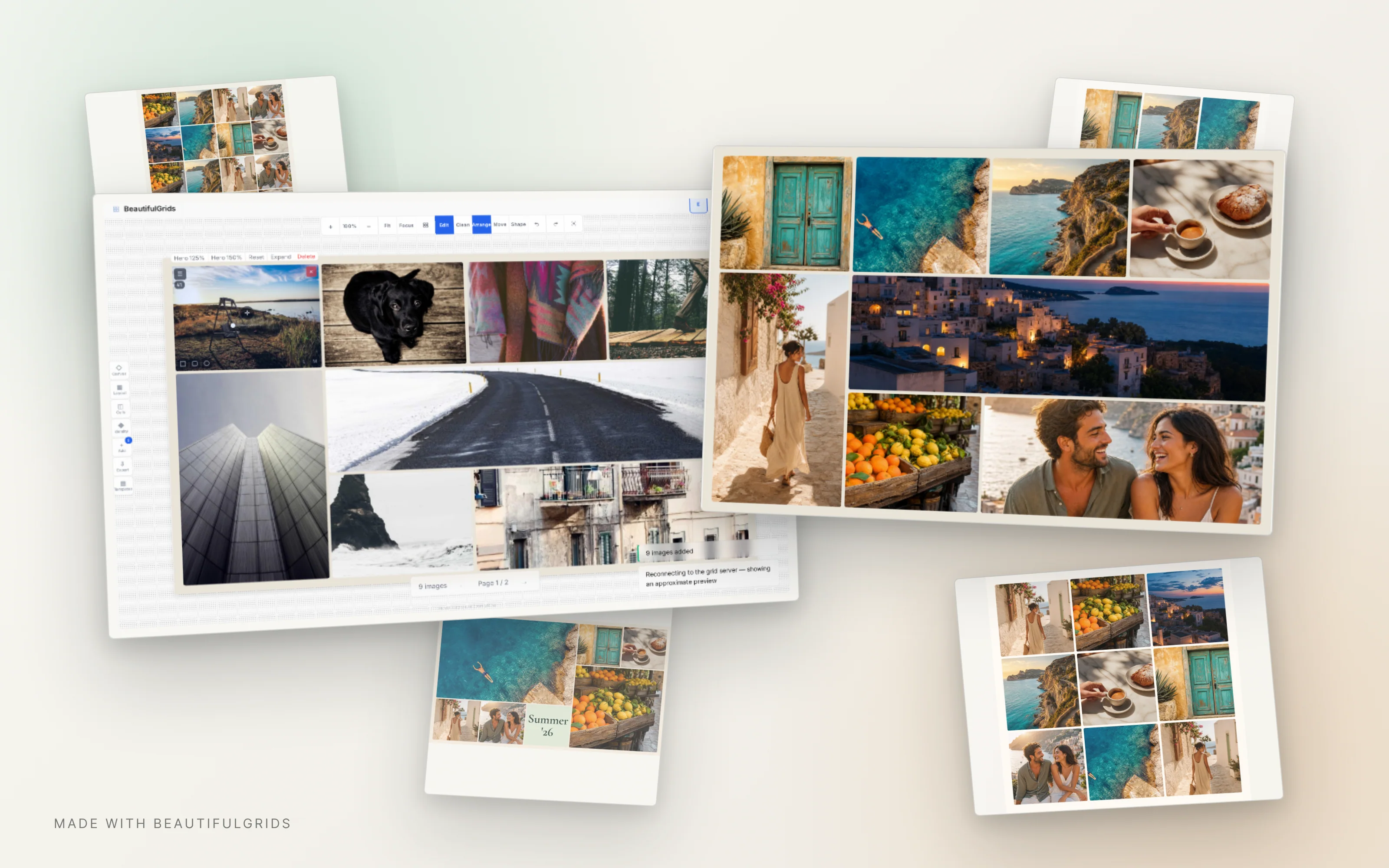 Desktop BeautifulGrids editor next to a finished travel collage
